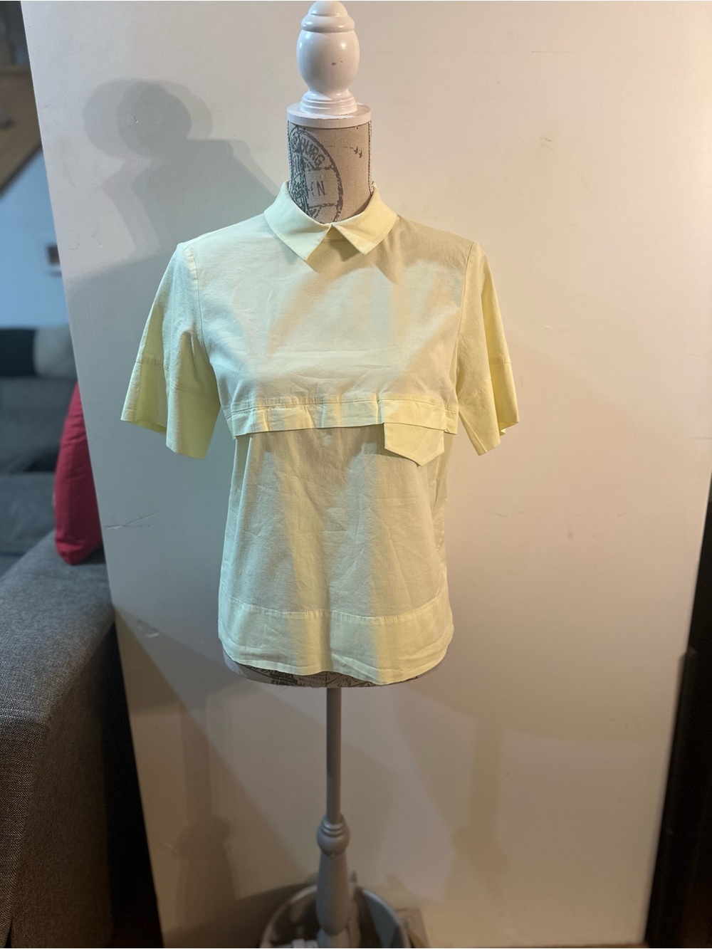 Pale Yellow Collared Short-Sleeve Blouse